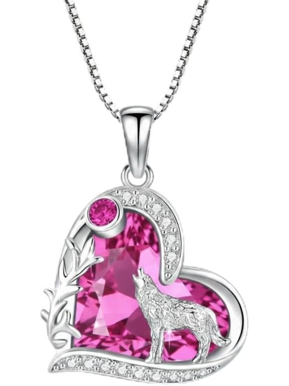 Elegant Birthstone Wolf Pendant Necklace 14K White Gold Plated for Women